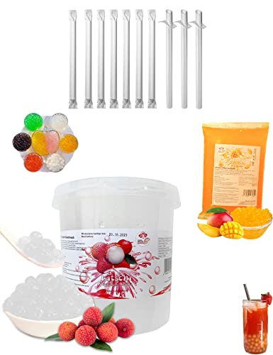 Bubble Tea DIY Set 1*3kg Litschi Popping Boba+ 1*600g Mango Popping Boba + 10st Einweg Papier Strohhalme 100% glutenfrei Alkoholfreie Getränke Mix Perlen von PANDA MEISTER