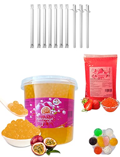 Bubble Tea DIY Set 1 * 3kg Maracuja Popping Boba+ 1 * 600g Erdbeer Popping Boba + 10st Einweg Papier Strohhalme 100% glutenfrei Alkoholfreie Getränke Boba Mix Perlen von PANDA MEISTER