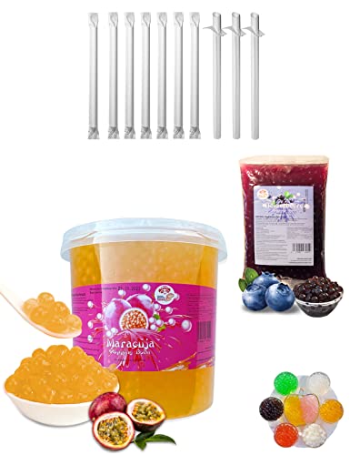 Bubble Tea DIY Set 1 * 3kg Maracuja Popping Boba+ 1 * 600g Heidelbeer Popping Boba + 10st Einweg Papier Strohhalme 100% glutenfrei Alkoholfreie Getränke - Bubble Tea Boba Mix Perlen von PANDA MEISTER