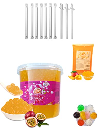 Bubble Tea DIY Set 1 * 3kg Maracuja Popping Boba+ 1 * 600g Mango Popping Boba +10*Einweg Papier Trinkhalme inkl. Rezeptkarte Glutenfrei Alkoholfreie Getränke Boba Mix Perlen von PANDA MEISTER