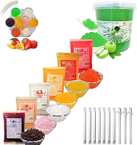 Bubble Tea DIY Set-6,6kg Regenbogen Boba Perlen 1*3kg Grünapfel Boba+ 6*600g Popping Boba+10st Papier Einweg Trinkhalme für Bubble Tee Kit- Glutenfrei Alkoholfreie Getränke-Bubble Tee Perlen Boba Mix von PANDA MEISTER