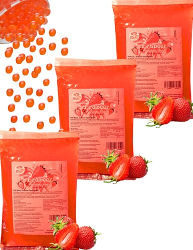 Bubble Tea Popping Boba Mix - 3 x 600g Erdbeer Boba Fruchtperlen - Natur&Vegan&Glutenfrei Boba Perlen - Lebensmittel Zertifikat mit ISO Standards - Bubble Tee Topping für DIY von PANDA MEISTER