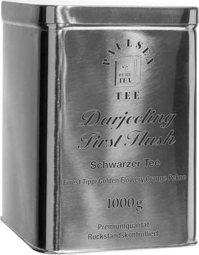 Bio Darjeeling First Flush, Ernte 2023, schwarzer Tee, 1000g (69,95 Euro/kg), in sehr hochwertiger Edelstahldose Silber gänzend, rückstandskontrolliert & zertifiziert von PAULSEN TEE PURE TEA