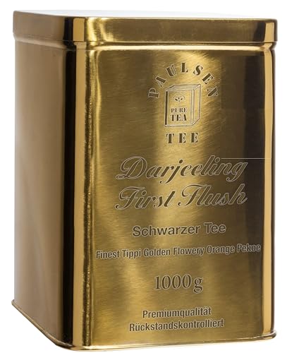 Bio Darjeeling First Flush, Ernte 2023, schwarzer Tee in sehr hochwertiger Edelstahldose Gold gänzend 1000g rückstandskontolliert & zertifiziert von PAULSEN TEE PURE TEA