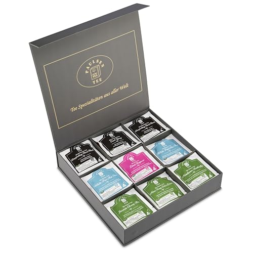 Exklusive Bio-Tee Geschenkbox mit 6fach sortiert mit Schwarzen, grünen, weißen Tees 45 Pyramiden, einzeln kuvertiert von PAULSEN TEE PURE TEA