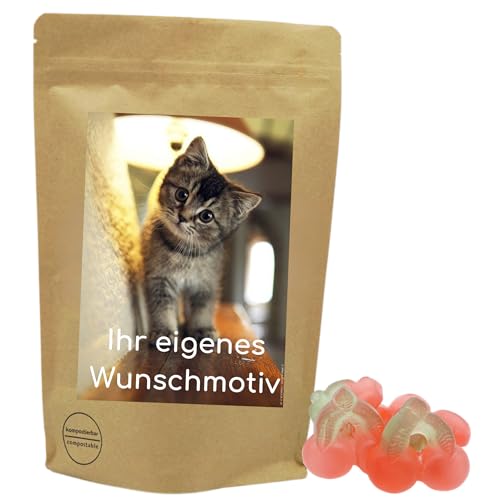 Deine Naschbox | Naschbeutel mit eigenem Motiv | kompostierbar | Größe L | gefüllt mit 800g Zuckerfreien Fruchtgummi Kirschen von PE ÄM