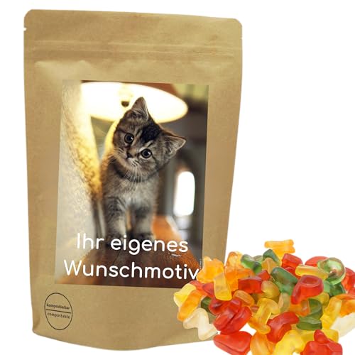 Deine Naschbox | Naschbeutel mit eigenem Motiv | kompostierbar | Größe L | gefüllt mit 800g bunten Fruchtgummi Buchstaben von PE ÄM