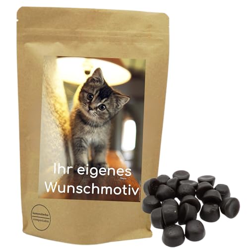 Deine Naschbox | Naschbeutel mit eigenem Motiv | kompostierbar | Größe L | gefüllt mit 800g zuckerfreien süßen Lakritz Drops - Softe süße Bollen von PE ÄM