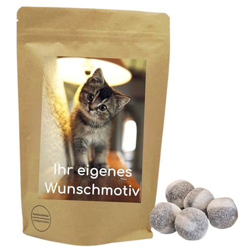 Deine Naschbox | Naschbeutel mit eigenem Motiv | kompostierbar | Größe M | gefüllt mit 450g Salmiak Bonbon Kugeln - Salmiakpulver Füllung von PE ÄM