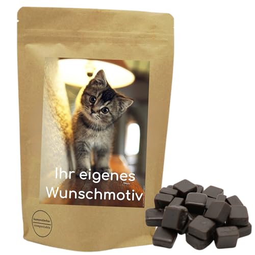 Deine Naschbox | Naschbeutel mit eigenem Motiv | kompostierbar | Größe M | gefüllt mit 450g Zuckerfreien salzigen Lakritz Kubussen - Salmiak Würfel von PE ÄM