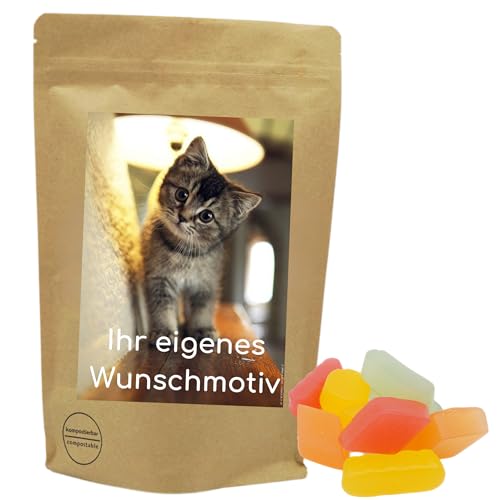 Deine Naschbox | Naschbeutel mit eigenem Motiv | kompostierbar | Größe M | gefüllt mit 450g zuckerfreiem Weingummi - Fruchtig nach englischer Art von PE ÄM