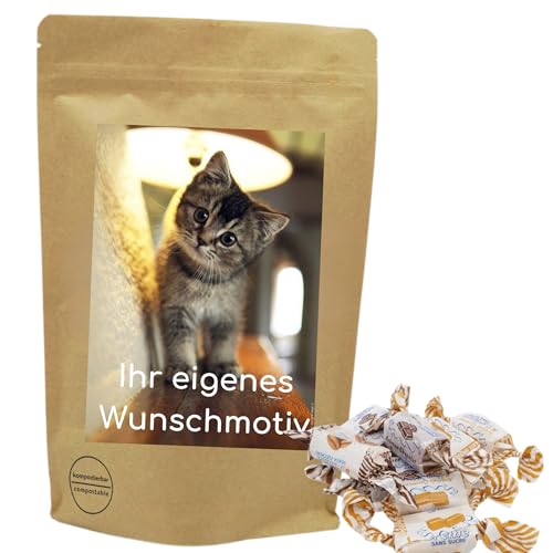 Deine Naschbox | Naschbeutel mit eigenem Motiv | kompostierbar | Größe S | gefüllt mit 100g saftigen zuckerfreien Caribbean Creme Toffee Bonbon von PE ÄM