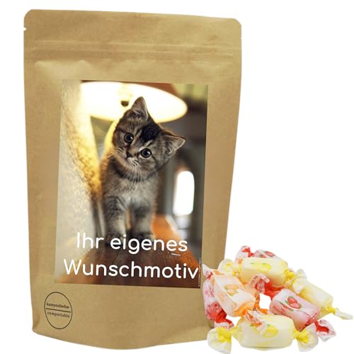 Deine Naschbox | Naschbeutel mit eigenem Motiv | kompostierbar | Größe S | gefüllt mit 100g saftigen zuckerfreien Fruchtsaft-Toffee - Kaubonbons von PE ÄM