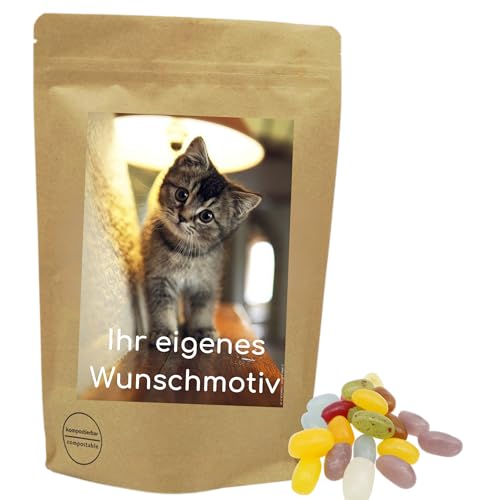 Deine Naschbox | Naschbeutel mit eigenem Motiv | kompostierbar | Größe S | gefüllt mit 150g Jelly Beans Mix - Gelatinefrei - Frucht-Mix - Gelee von PE ÄM