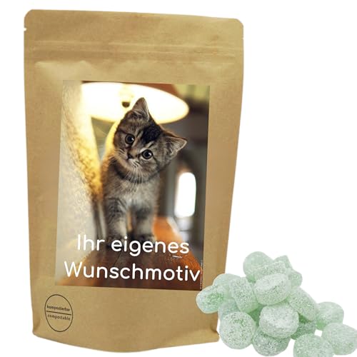 Deine Naschbox | Naschbeutel mit eigenem Motiv | kompostierbar | Größe S | gefüllt mit 150g zuckerfreien Fruchtgummi Eukamints - Erfrischend & Minzig von PE ÄM