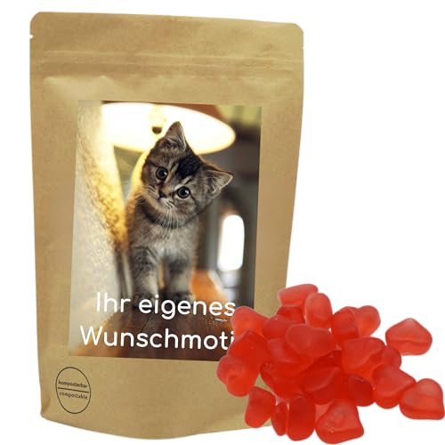 Deine Naschbox | Naschbeutel mit eigenem Motive | kompostierbar | Größe L | gefüllt mit 800g fruchtigen weihnachtlichen Fruchtgummi Glühweinherzenn von PE ÄM