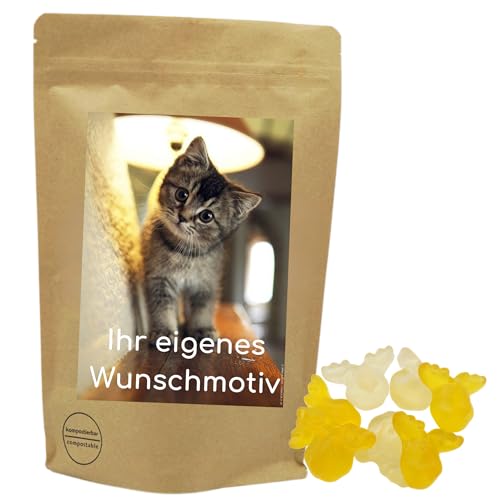 Deine Naschbox | Naschbeutel mit eigenem Motive | kompostierbar | Größe L | gefüllt mit 800g leckeren weihnachtlichen Fruchtgummi Eierpunsch Elchen von PE ÄM