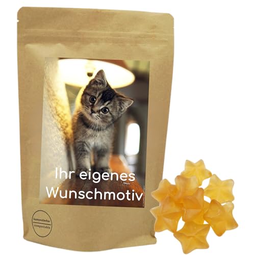 Deine Naschbox | Naschbeutel mit eigenem Motive | kompostierbar | Größe M | gefüllt mit 450g fruchtig leckeren weihnachtlichen Fruchtgummi Zimtsternen von PE ÄM