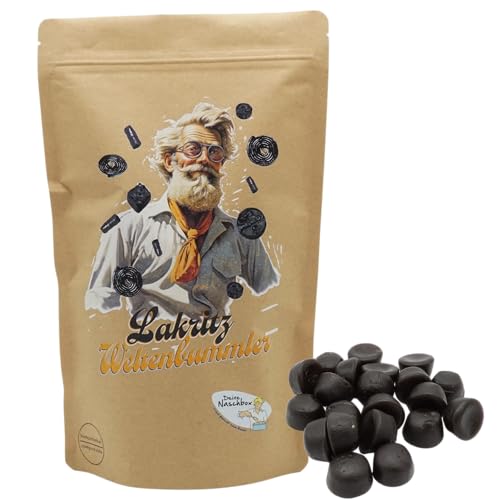 Deine Naschbox | Naschbeutel mit tollen Motiven | kompostierbar | Größe L | gefüllt mit 800g zuckerfreien süßen Lakritz Drops - Softe süße Bollen von PE ÄM