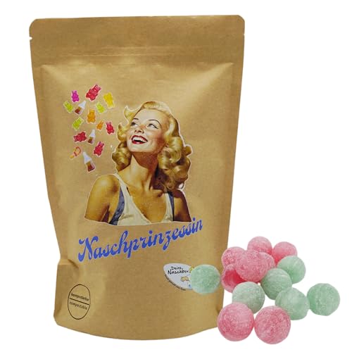 Deine Naschbox | Naschbeutel mit tollen Motiven | kompostierbar | Größe M | gefüllt mit 450g Saure Bonbon Kugeln - 2 Sorten Mix - Erdbeere & Apfel von PE ÄM