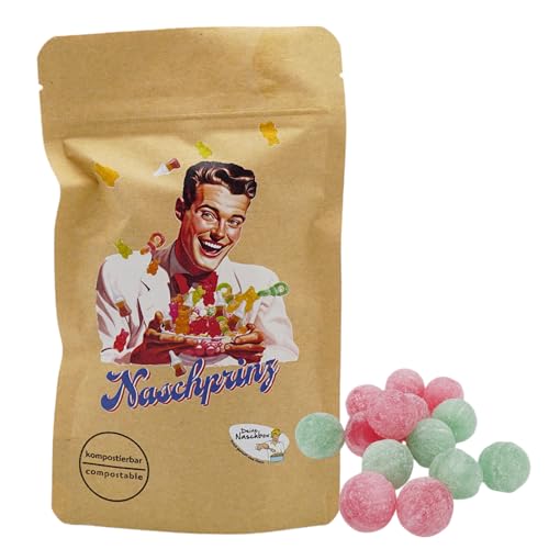 Deine Naschbox | Naschbeutel mit tollen Motiven | kompostierbar | Größe S | gefüllt mit 150g Saure Bonbon Kugeln - 2 Sorten Mix - Erdbeere & Apfel von PE ÄM