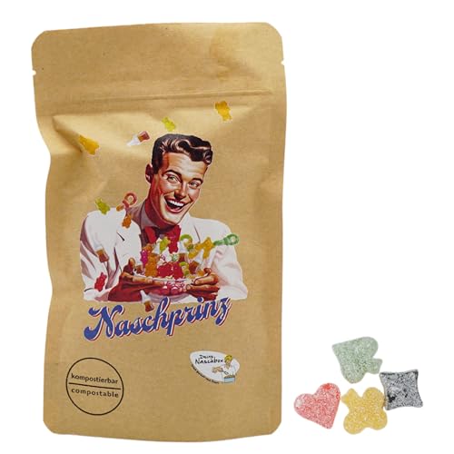 Deine Naschbox | Naschbeutel mit tollen Motiven | kompostierbar | Größe S | gefüllt mit 150g zuckerfreiem Fruchtgummi Pokermix von PE ÄM