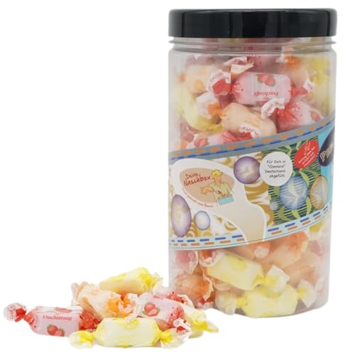 Deine Naschbox | Zuckerfreie Fruchtsaft-Toffees | 500g Pot | XL Fruchtbonbon Großpackung - Kaubonbons - Zitrone Orange & Erdbeer Geschmack von PE ÄM