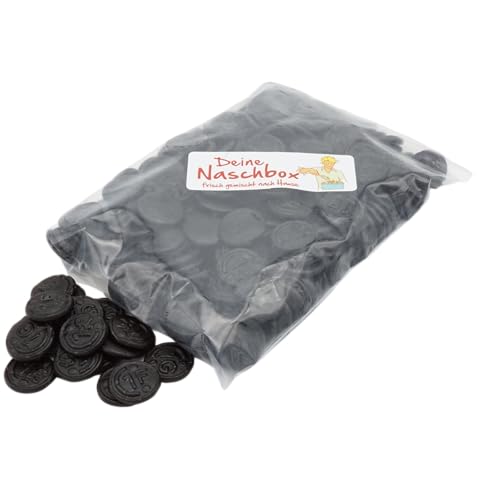 Deine Naschbox | Zuckerfreie Salmiak Lakritz Münzen | 500g Nachfüllbeutel | Minimale Verpackung 100% recyclebar - Großpackung - Süßholz Salmiak Taler von PE ÄM