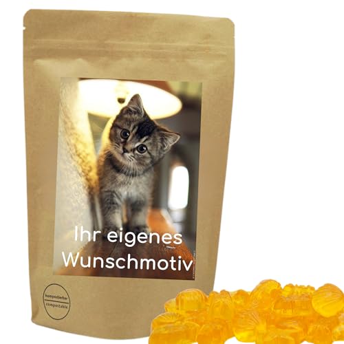 PE ÄM | Naschbeutel mit eigenem Motiv | kompostierbar | Größe L | gefüllt mit 800g PE ÄM - Zuckerfreiem Fruchtgummi Orange Meerestieren | Fruchtig von PE ÄM