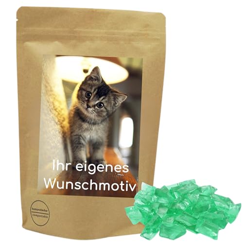 PE ÄM | Naschbeutel mit eigenem Motiv | kompostierbar | Größe L | gefüllt mit 800g PE ÄM - Zuckerfreien Fruchtgummi Apfel M'Ecks | Süß & Saftig von PE ÄM