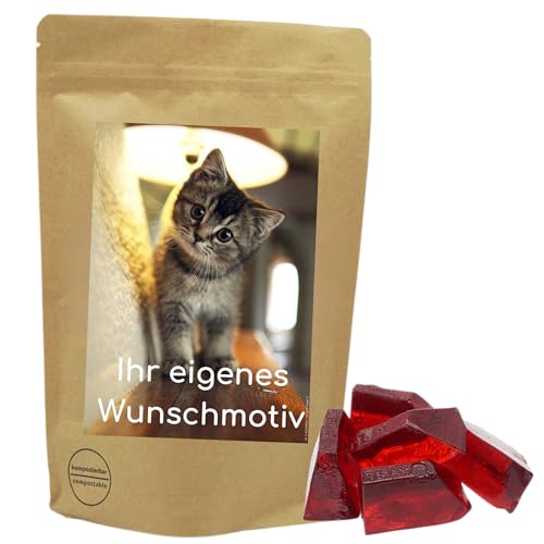 PE ÄM | Naschbeutel mit eigenem Motiv | kompostierbar | Größe L | gefüllt mit 800g PE ÄM - Zuckerfreien Fruchtgummi Kirsch M'Ecks | Premiumfruchtgummi von PE ÄM