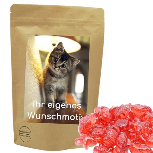 PE ÄM | Naschbeutel mit eigenem Motiv | kompostierbar | Größe M | gefüllt mit 450g PE ÄM - Zuckerfreiem Fruchtgummi Erdbeer Meerestiere | Fruchtig von PE ÄM