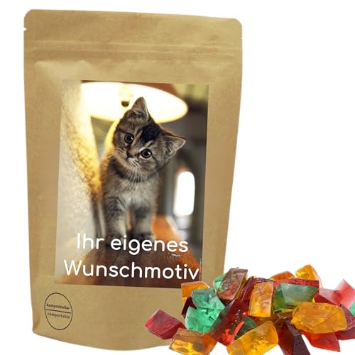 PE ÄM | Naschbeutel mit eigenem Motiv | kompostierbar | Größe S | gefüllt mit 150g PE ÄM - Zuckerfreiem Fruchtgummi M'Ecks 5er Mix | Süß & Saftig von PE ÄM