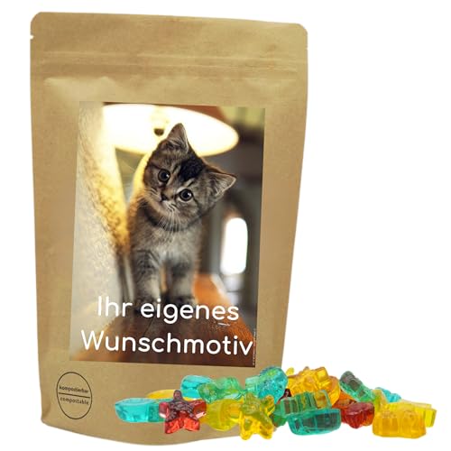 PE ÄM | Naschbeutel mit eigenem Motiv | kompostierbar | Größe S | gefüllt mit 150g PE ÄM - Zuckerfreiem Fruchtgummi Meerestiere Mix | Fruchtig von PE ÄM