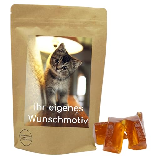 PE ÄM | Naschbeutel mit eigenem Motiv | kompostierbar | Größe S | gefüllt mit 150g PE ÄM - Zuckerfreien Fruchtgummi Cola M'Ecks | Premiumfruchtgummi von PE ÄM