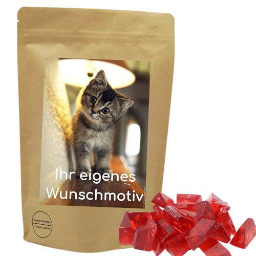 PE ÄM | Naschbeutel mit eigenem Motiv | kompostierbar | Größe S | gefüllt mit 150g PE ÄM - Zuckerfreien Fruchtgummi Erdbeer M'Ecks | Süß & Saftig von PE ÄM