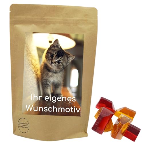 PE ÄM | Naschbeutel mit eigenem Motiv | kompostierbar | Größe S | gefüllt mit 150g PE ÄM - Zuckerfreien Fruchtgummi Kirsch/Cola M'Ecks | Saftiger Mix von PE ÄM