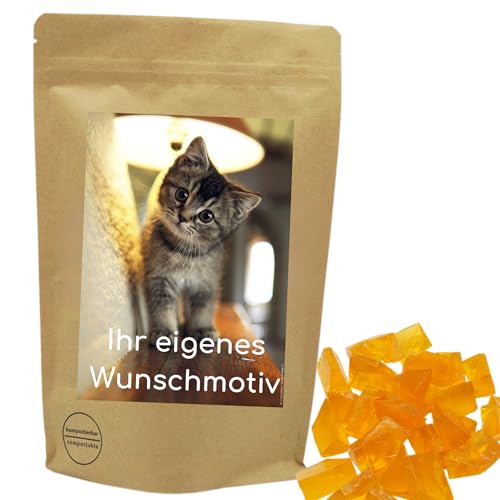 PE ÄM | Naschbeutel mit eigenem Motiv | kompostierbar | Größe S | gefüllt mit 150g PE ÄM - Zuckerfreien Fruchtgummi Mandarine M'Ecks | Süß & Saftig von PE ÄM