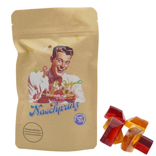 PE ÄM | Naschbeutel mit tollen Motiven | kompostierbar | Größe S | gefüllt mit 150g PE ÄM - Zuckerfreien Fruchtgummi Kirsch/Cola M'Ecks | Saftiger Mix von PE ÄM