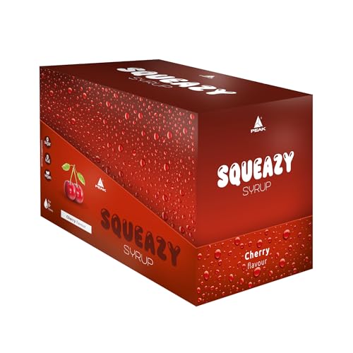 PEAK Squeazy Syrup - Display - 10 x 65ml - Geschmack Cherry I für bis zu 8 l Fertiggetränk I zuckerfreier Sirup mit echtem Fruchtextrakt I vegan I zero Kalorien von PEAK