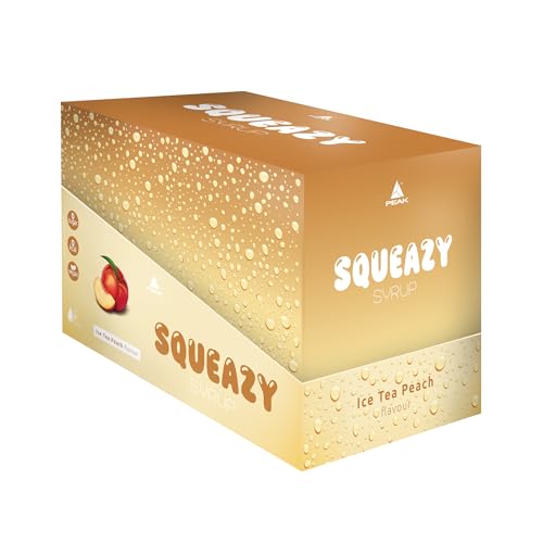 PEAK Squeazy Syrup - Display - 10 x 65ml - Geschmack Ice Tea Peach I für bis zu 8 l Fertiggetränk I zuckerfreier Sirup mit echtem Fruchtextrakt I vegan I zero Kalorien von PEAK