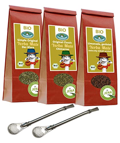 Bio Mate Set, 3x 100g - Green Chimarrao, Roasted Medium Cut & Green Medium Cut inkl. 2x Bombilla gratis - vom brasilianischen Familienbetrieb - PEPPERMINTMAN von PEPPERMINTMAN Oliver Neye - Jena / Germany