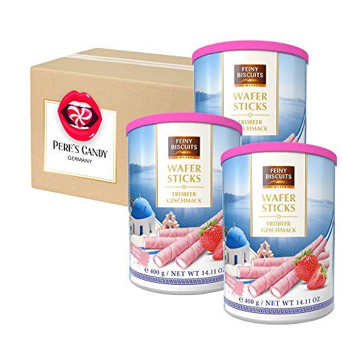 1,2 kg • Erdbeere Wafer Sticks • Waffelröllchen mit Erdbeergeschmackcreme 3er Pack (3 x 400 g) • von Pere's Candy® Box mit Geschenk von PERE’S CANDY