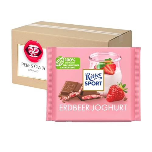 Pere's Candy® Bundle für 12 x 100g Erdbeer Joghurt Gefüllte Vollmilchschokolade Reis-Crisps und Erdbeer-Stückchen + Pere's Candy Notepad DIN A7-25 Blatt von PERE’S CANDY