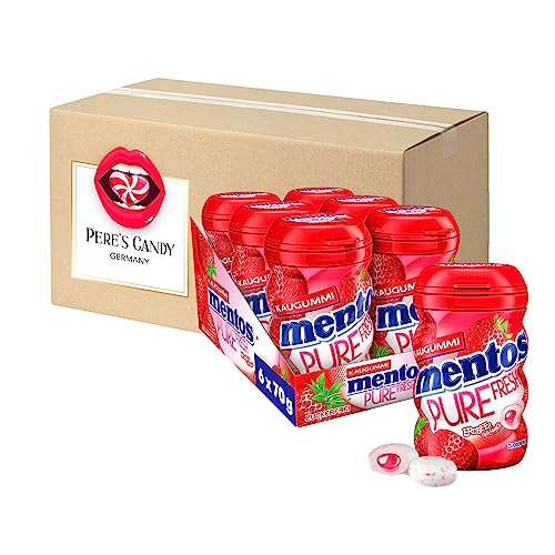 19,99€ inkl. USt (47,60€/kg) Mentos Pure Fresh Erdbeere Kaugummi (6 x 70g) zuckerfreie Chewing Gum Dragees & flüssiger Füllung von Pere's Candy® Box mit Geschenk von PERE’S CANDY