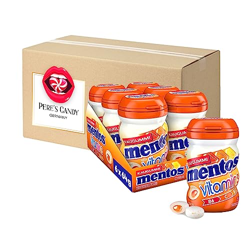 19,99€ inkl. USt (47,60€/kg) Mentos Vitamins Citrus Kaugummi (6 x 70g) zuckerfreie Chewing Gum Dragees & flüssiger Füllung von Pere's Candy® Box mit Geschenk von PERE’S CANDY