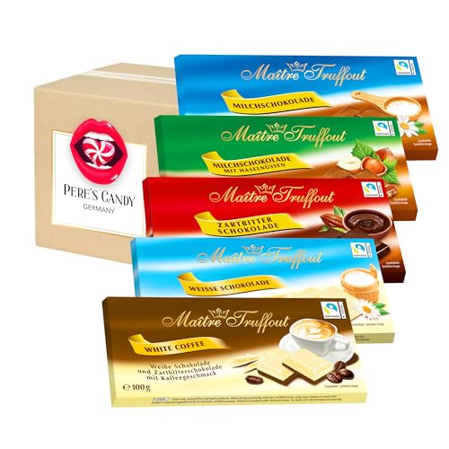 5 x 100g Maître Truffout Tafel MIX PACK | Milchschokolade | Zartbitterschokolade | Weisse | Haselnuss | Kaffee mit Geschenk von Pere's Candy von PERE’S CANDY