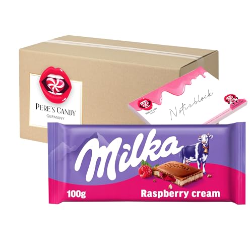 Pere's Candy® Bundle für 5 x 100g Milka Tafelschokolade Alpenmilch mit Raspberry Cream + Pere's Candy Notepad DIN A7-25 Blatt von PERE’S CANDY