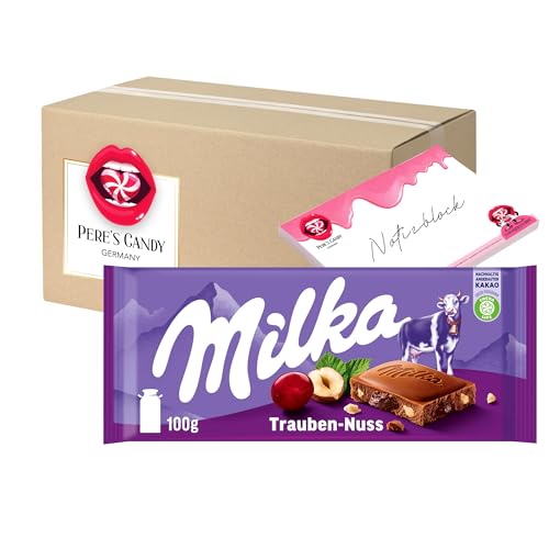 Pere's Candy® Bundle für 5 x 100g Milka Tafelschokolade Alpenmilch mit Trauben-Nuss + Pere's Candy Notepad DIN A7-25 Blatt von PERE’S CANDY