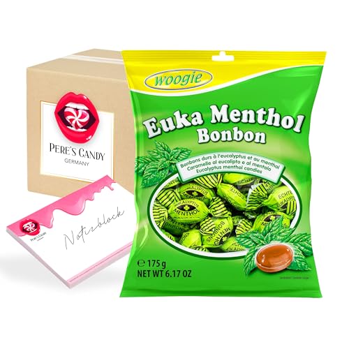 Pere's Candy® Bundle für 5 x 175 g Euka Menthol Bonbons Erfrischungs Hartkaramellen + Pere's Candy Notepad DIN A7-25 Blatt von PERE’S CANDY